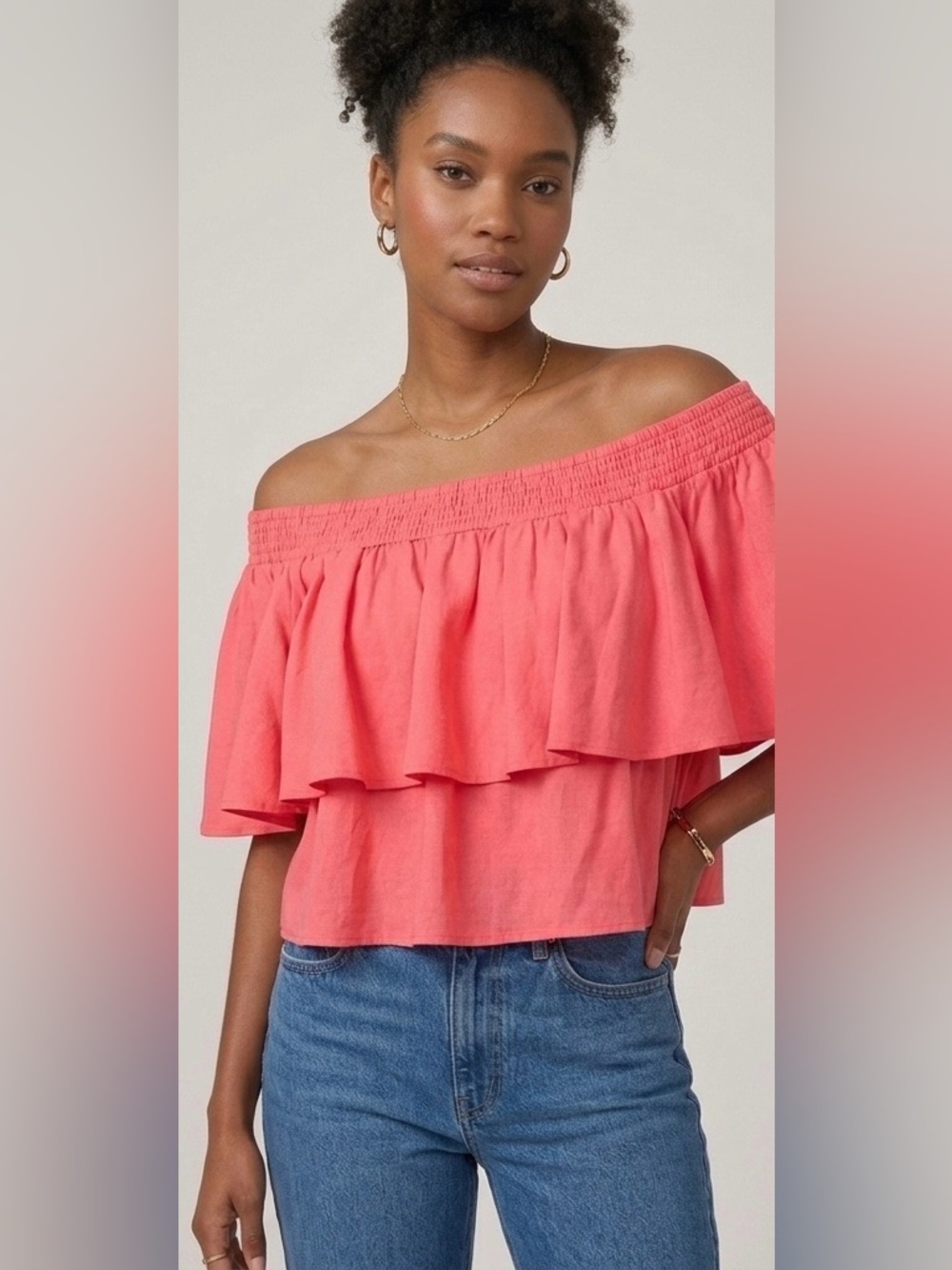 Flynn Skye Off-The-Shoulder Ruffle Crop Top in Coral (Size Small)